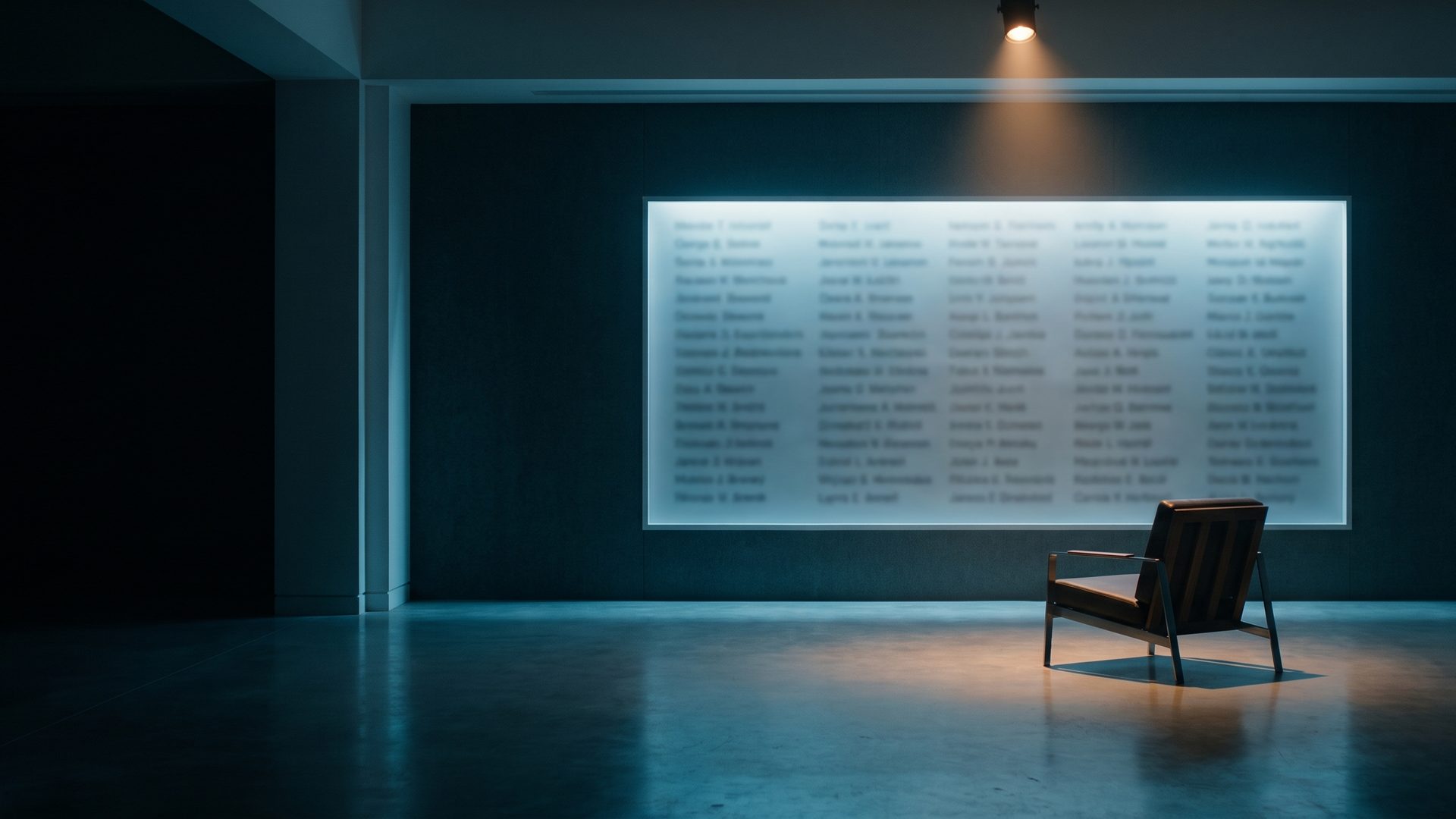 A wall of illuminated name rows lit in a dark empty room, with a single empty chair facing it