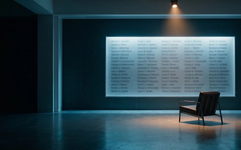 A wall of illuminated name rows lit in a dark empty room, with a single empty chair facing it