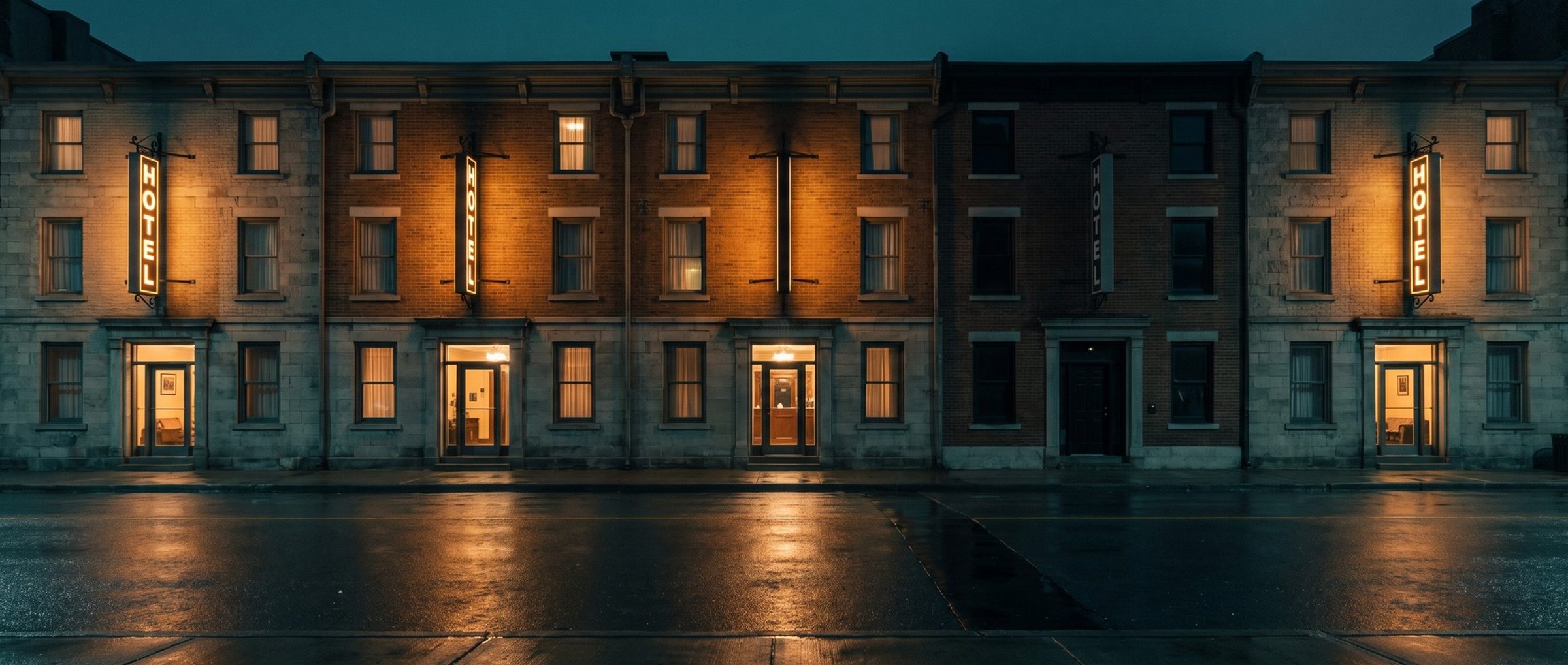 A row of five small old hotels on a rain-wet street at night, four with glowing HOTEL blade signs and lit doorways, and one between them completely dark with its sign unlit