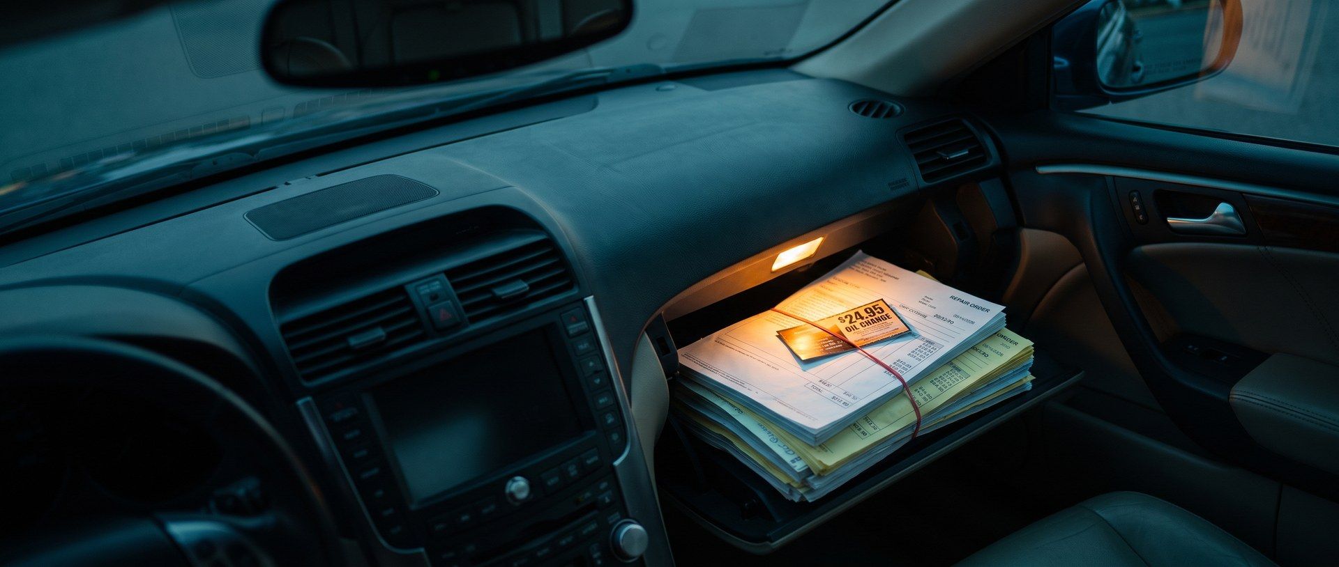 An open car glovebox at dusk lit by its small lamp, holding a thick rubber-banded stack of white and yellow repair orders with an orange $24.95 oil change coupon on top