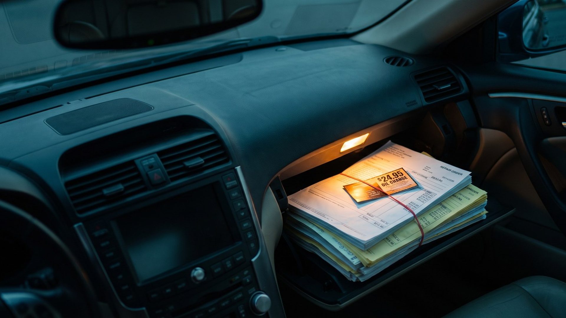 An open car glovebox at dusk lit by its small lamp, holding a thick rubber-banded stack of white and yellow repair orders with an orange $24.95 oil change coupon on top