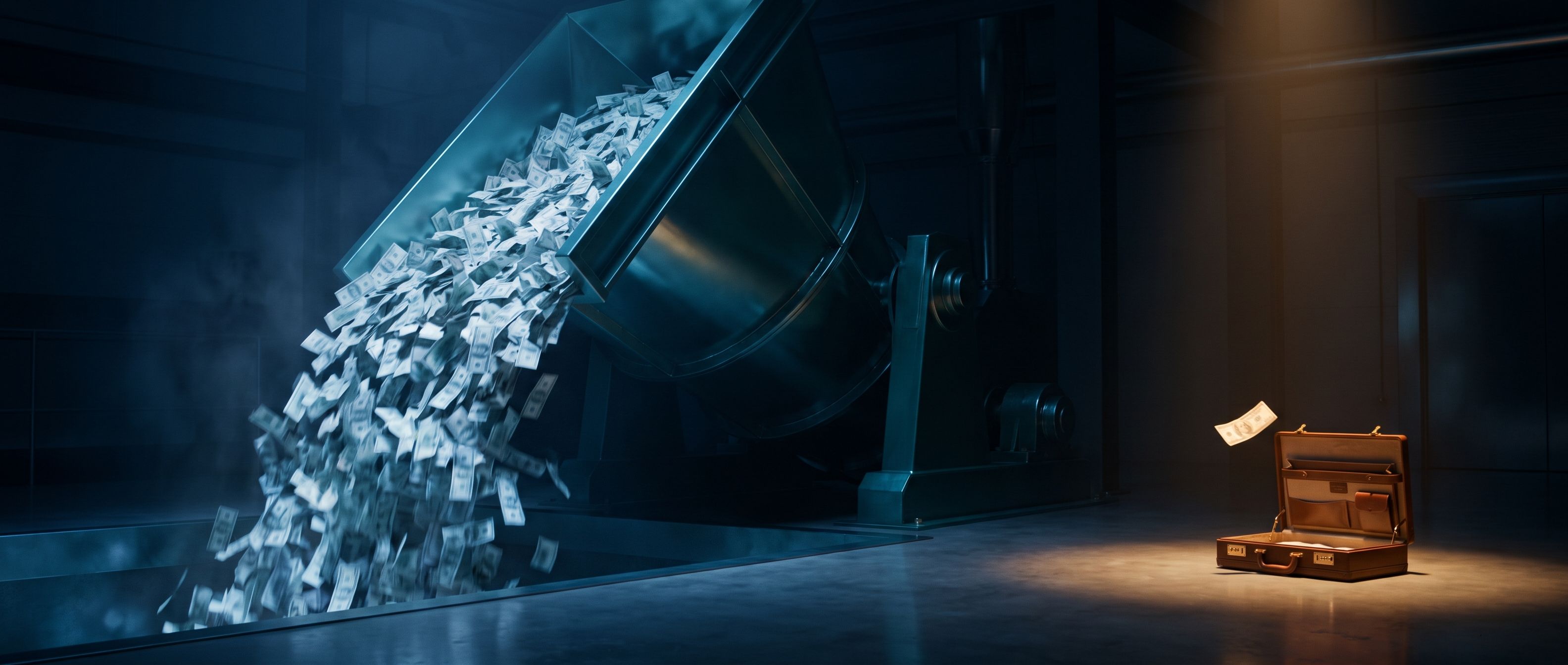 An industrial hopper chute pouring a huge cascade of banknotes away to one side while a small open briefcase at the right catches a single note
