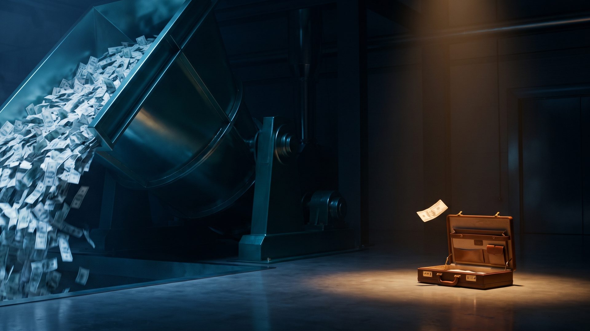 An industrial hopper chute pouring a huge cascade of banknotes away to one side while a small open briefcase at the right catches a single note