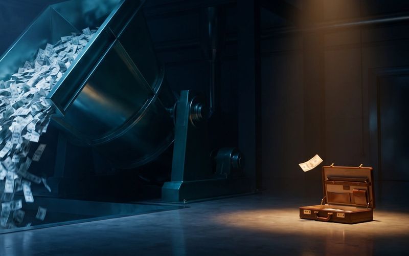 An industrial hopper chute pouring a huge cascade of banknotes away to one side while a small open briefcase at the right catches a single note