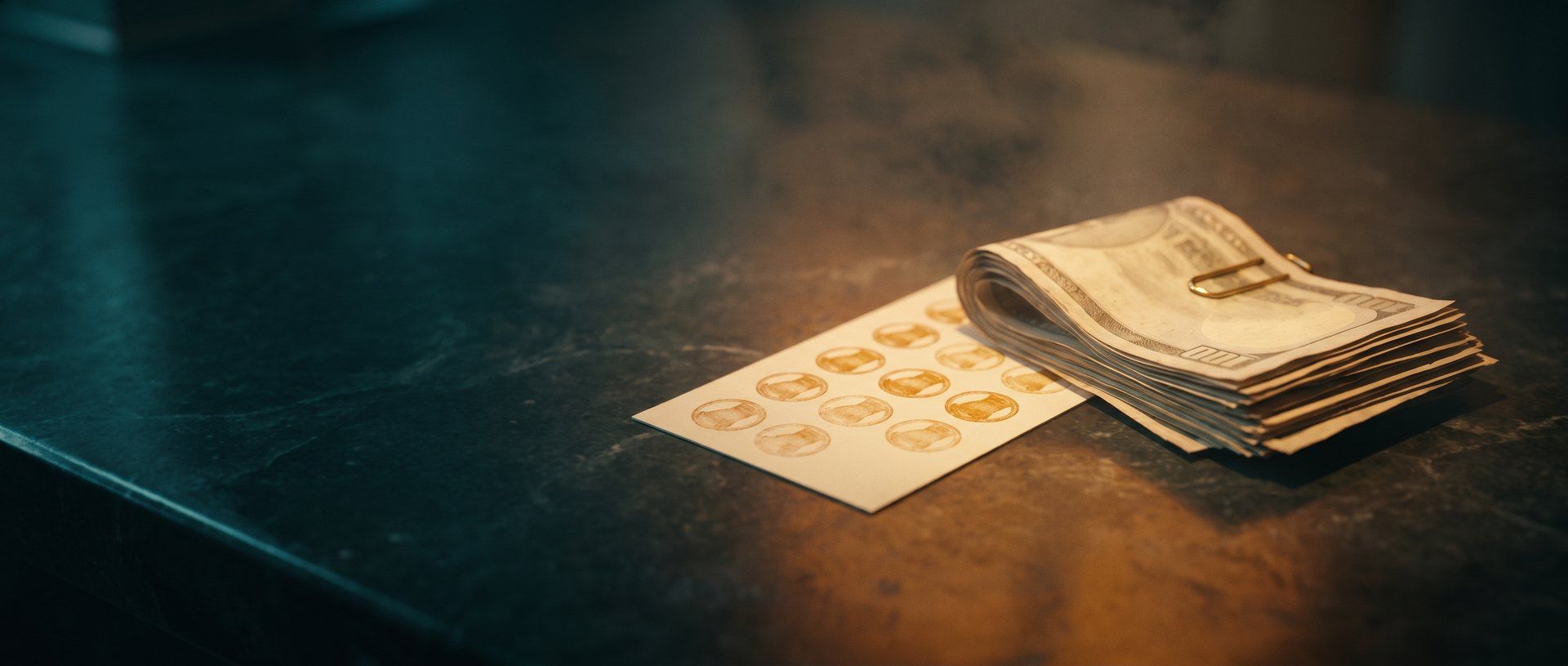 A fully stamped paper loyalty card on a dark stone counter beside a thick fold of cash held with a brass paper clip.