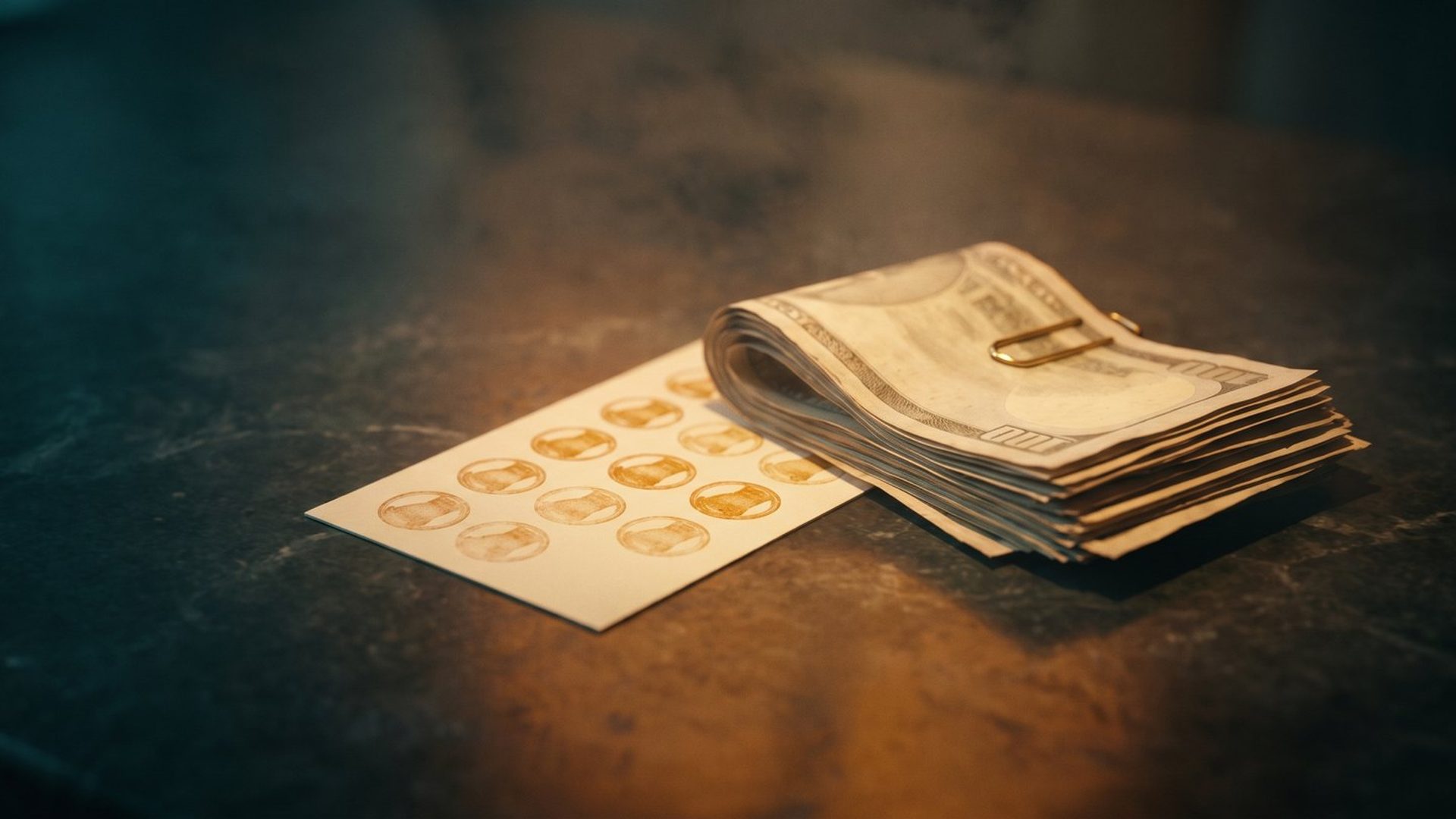 A fully stamped paper loyalty card on a dark stone counter beside a thick fold of cash held with a brass paper clip.