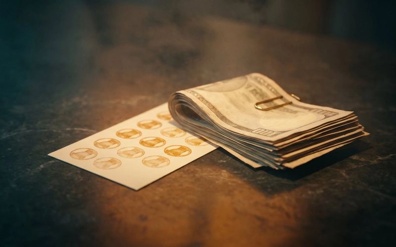 A fully stamped paper loyalty card on a dark stone counter beside a thick fold of cash held with a brass paper clip.