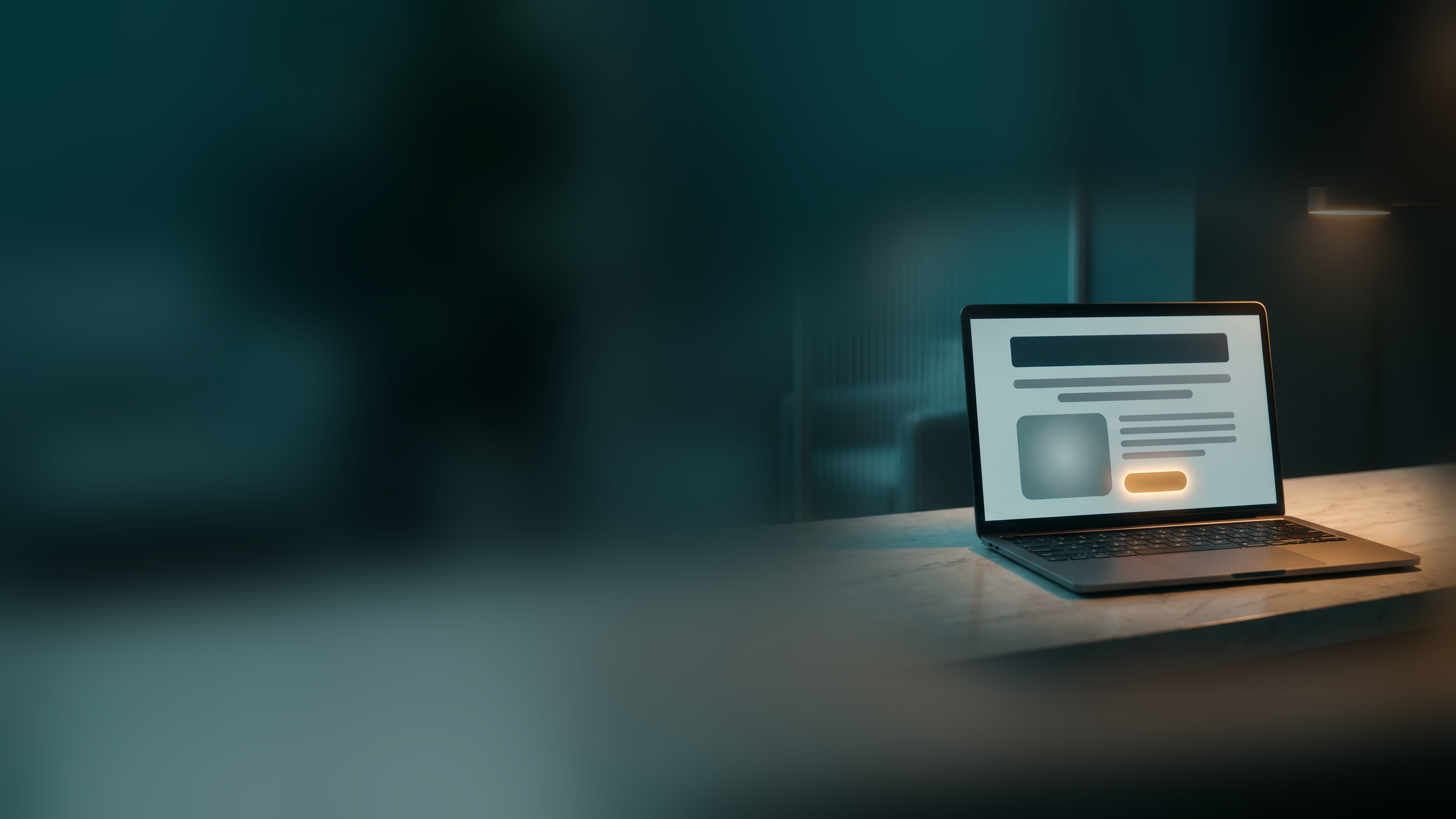 A laptop on a reception counter showing a simple web page with one glowing amber booking button