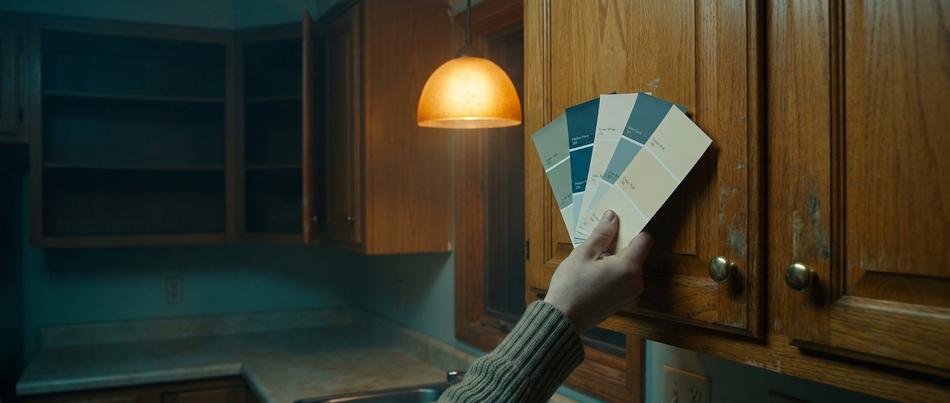 A homeowner's hand holds a fan of paint color swatches up against worn oak kitchen cabinets at night under a warm pendant light
