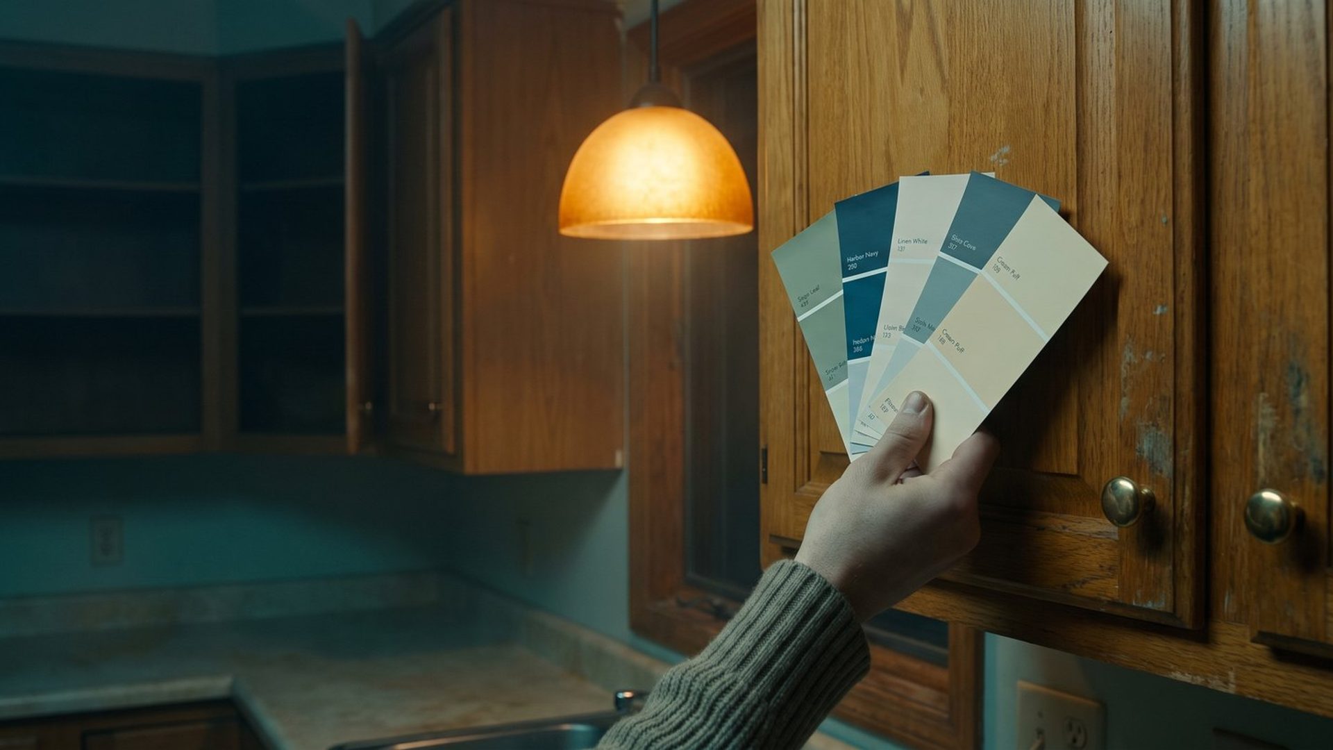 A homeowner's hand holds a fan of paint color swatches up against worn oak kitchen cabinets at night under a warm pendant light