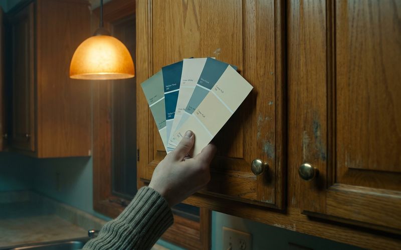 A homeowner's hand holds a fan of paint color swatches up against worn oak kitchen cabinets at night under a warm pendant light