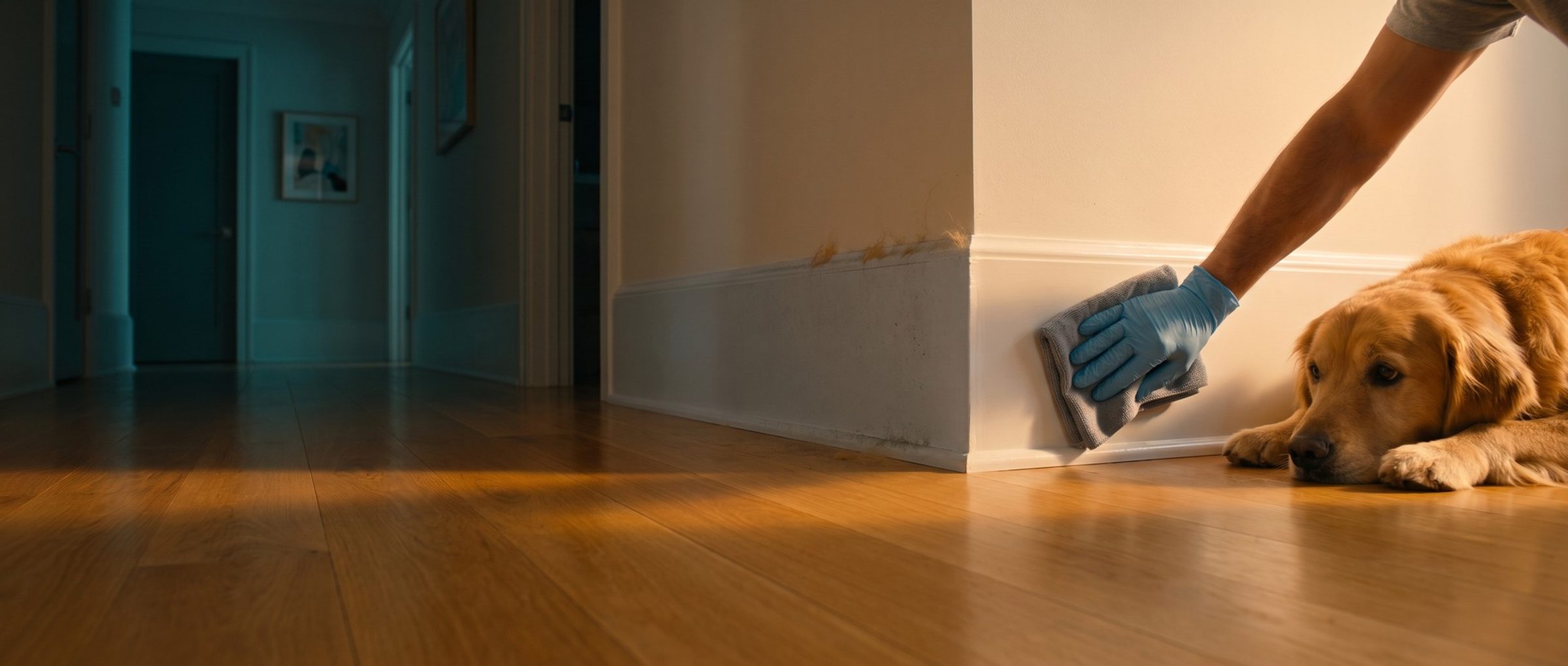 A cleaner's gloved hand wiping a dusty white baseboard with a microfiber cloth, leaving it bright white, while a golden retriever lies on the hardwood floor watching