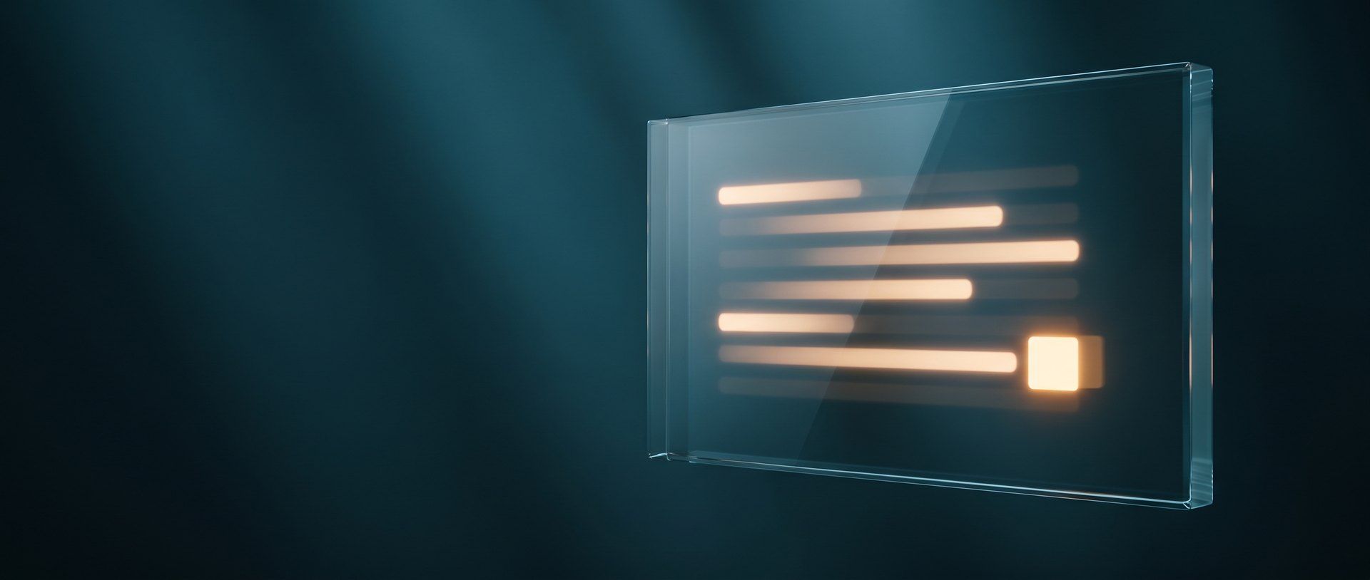 A translucent glass panel floating in dark space with an answer being written across it line by line, a warm amber cursor at the end of the newest line
