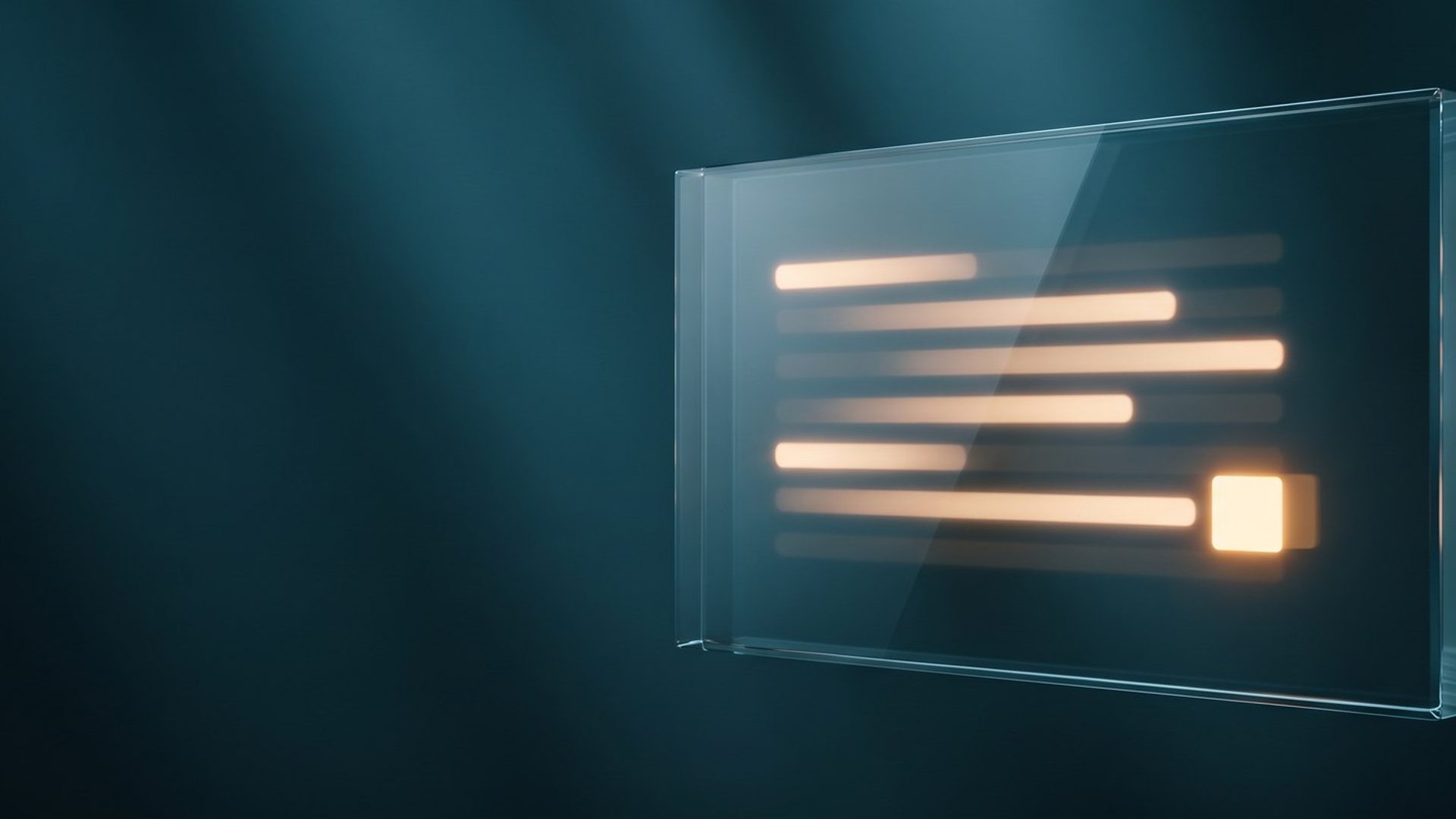 A translucent glass panel floating in dark space with an answer being written across it line by line, a warm amber cursor at the end of the newest line