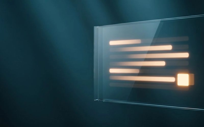 A translucent glass panel floating in dark space with an answer being written across it line by line, a warm amber cursor at the end of the newest line