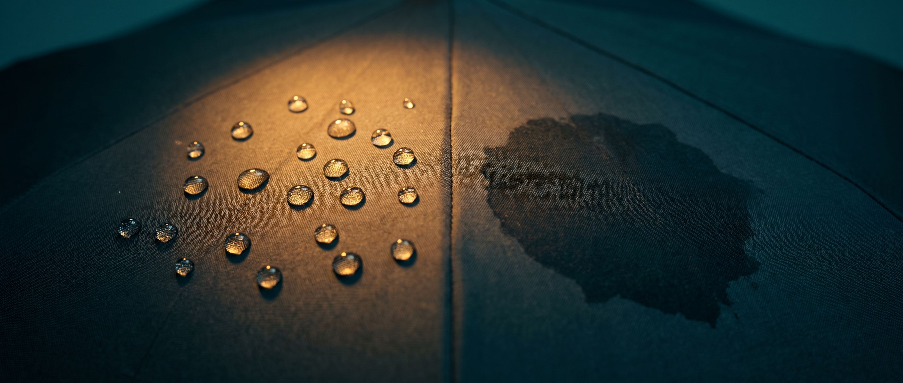 Macro shot of a dark fabric panel where water beads perfectly on the treated left half and has soaked in and darkened the untreated right half