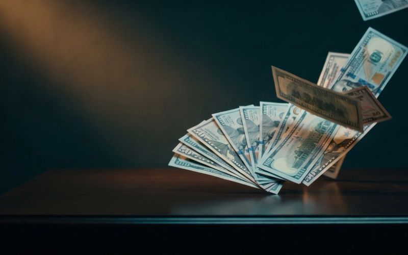Banknotes lifting off a dark desk and scattering into the air