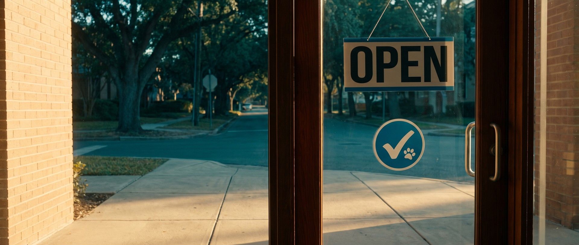 The glass front door of a small veterinary clinic in morning sun, with an OPEN sign hanging inside and a blue checkmark decal with a paw print on the glass