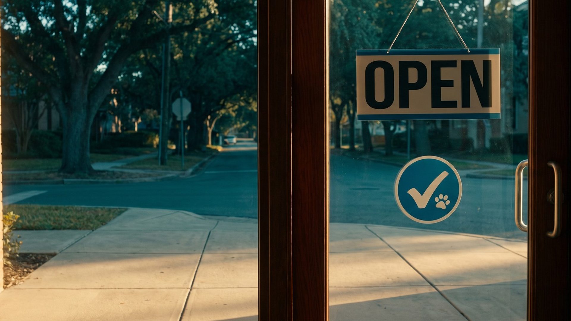 The glass front door of a small veterinary clinic in morning sun, with an OPEN sign hanging inside and a blue checkmark decal with a paw print on the glass
