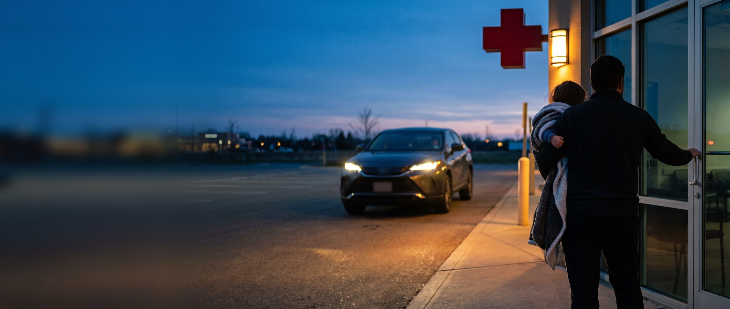 In the early evening, a parent carrying a small child wrapped in a blanket reaches the locked glass door of a dark urgent care under an unlit red cross, their car's headlights still on in the lot behind them