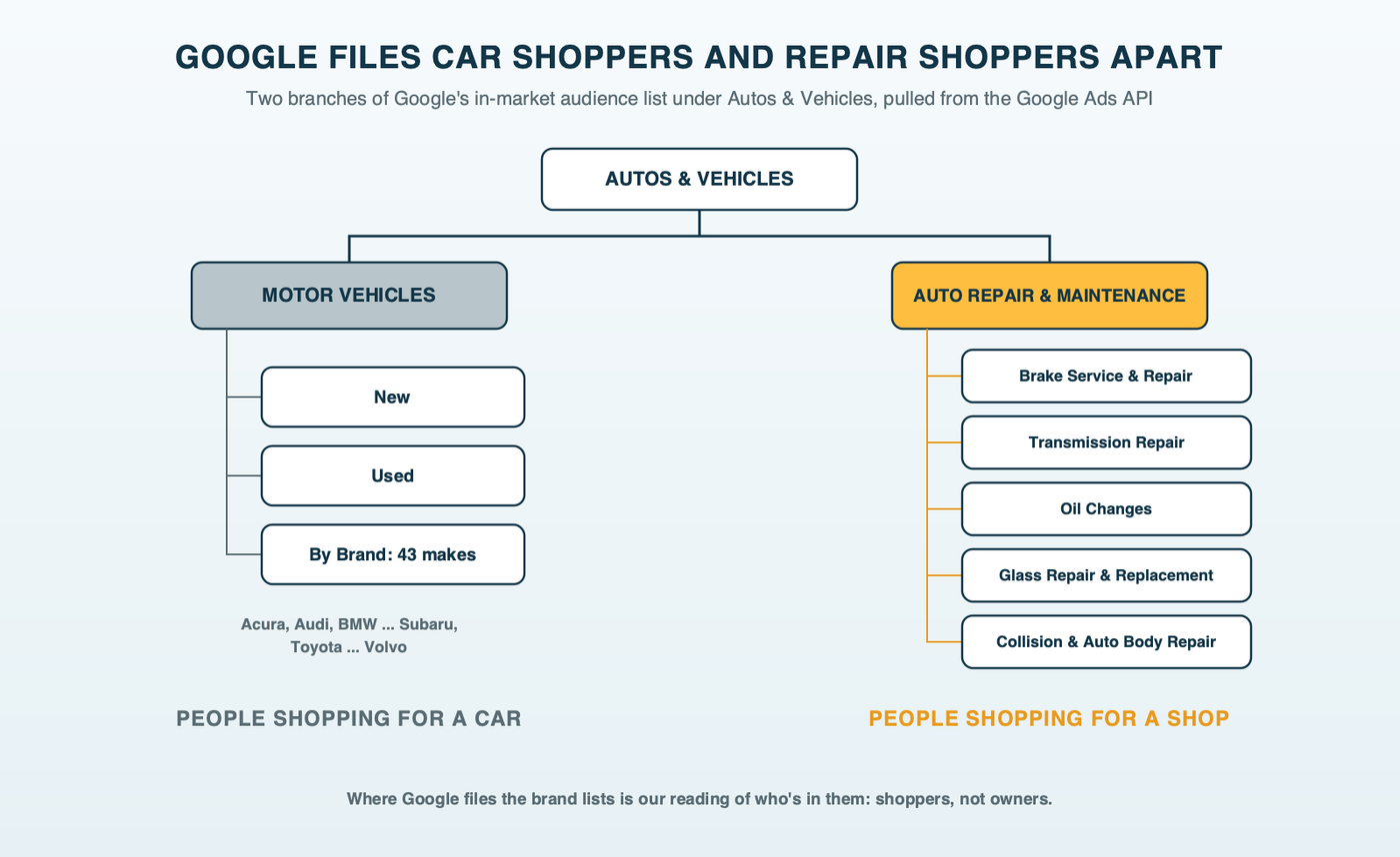 Google's audience list for cars, drawn as two branches: Motor Vehicles with New, Used and 43 car brands, which are people shopping for a car, and Auto Repair and Maintenance with brake service, transmission repair, oil changes, glass and collision, which are people shopping for a shop