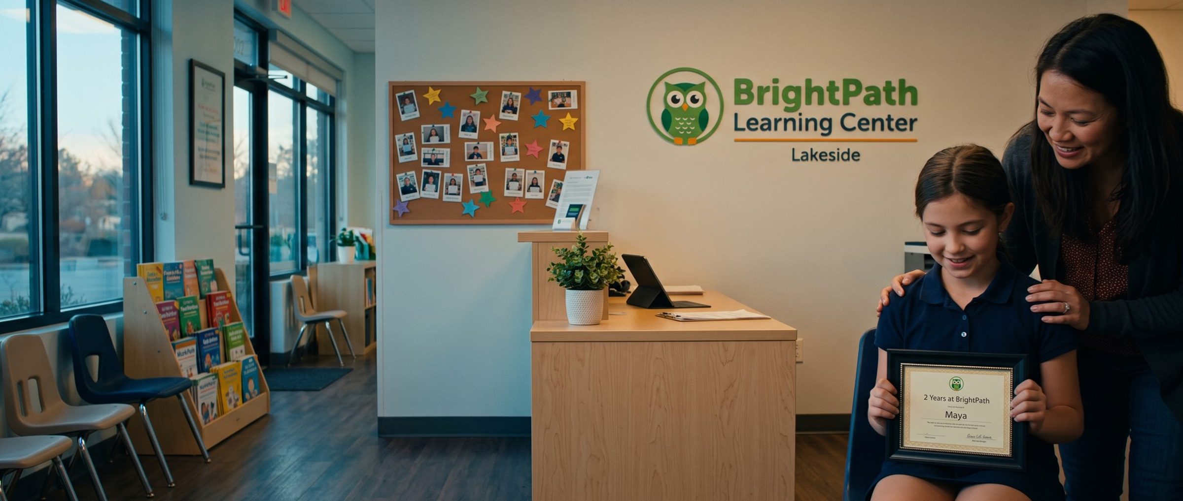A girl holds up a framed two-year certificate at the front desk of a BrightPath Learning Center while her mother stands behind her, smiling