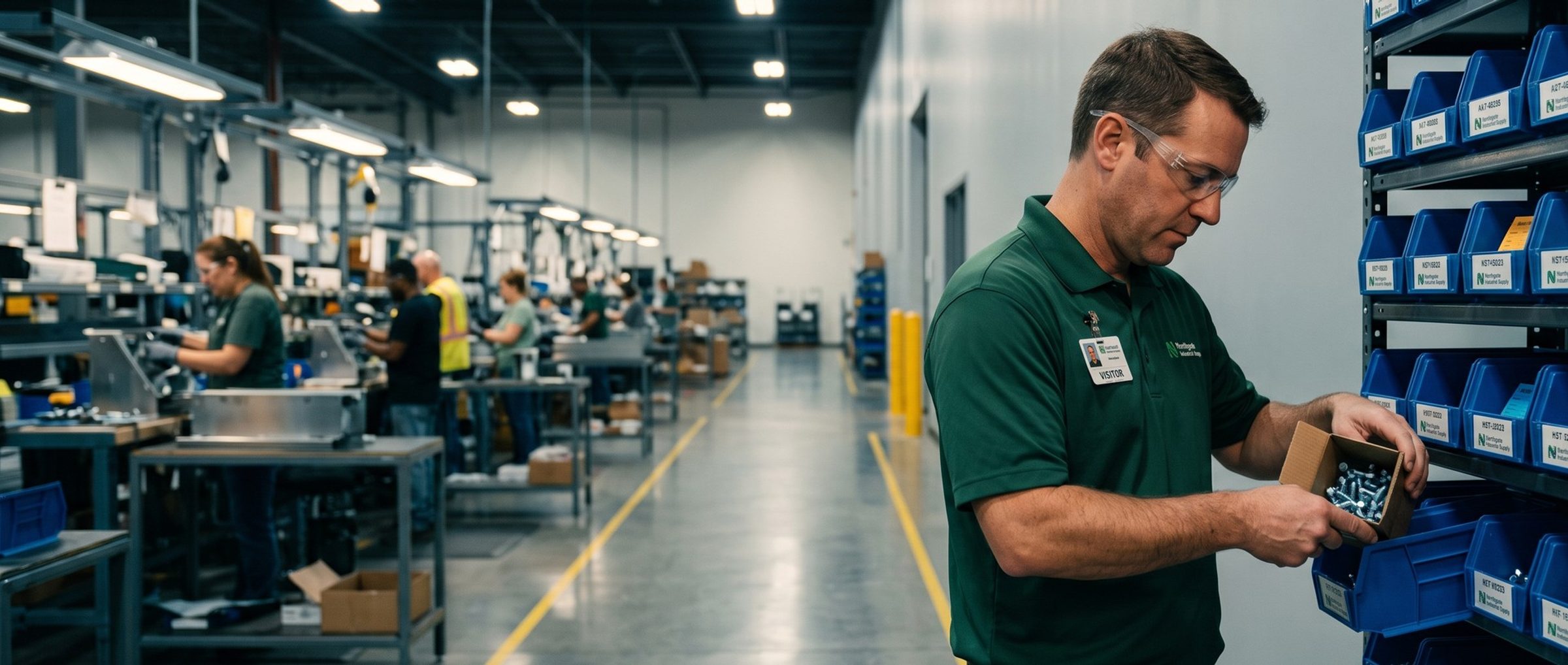 A distributor route rep in a green Northgate Industrial Supply polo restocks a wall of blue labeled parts bins beside a factory assembly line