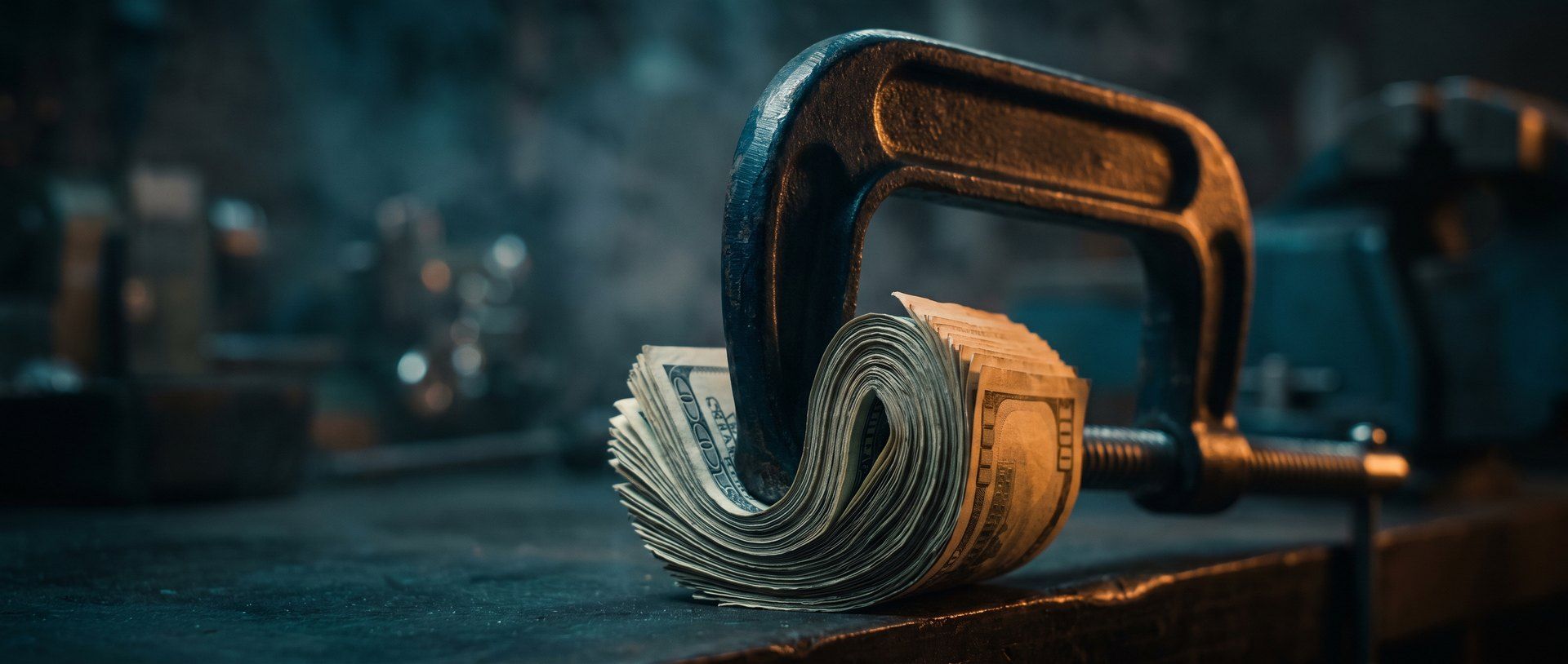 A heavy steel C-clamp crushing a tight roll of cash, lit warm amber against a deep teal workshop background