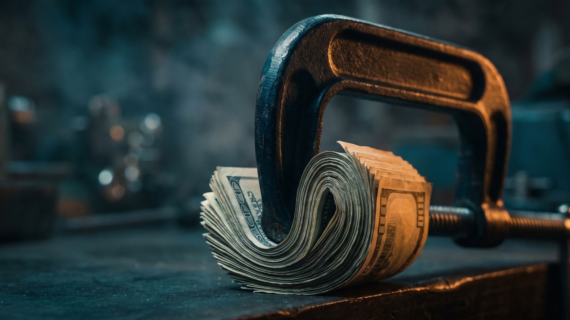 A heavy steel C-clamp crushing a tight roll of cash, lit warm amber against a deep teal workshop background