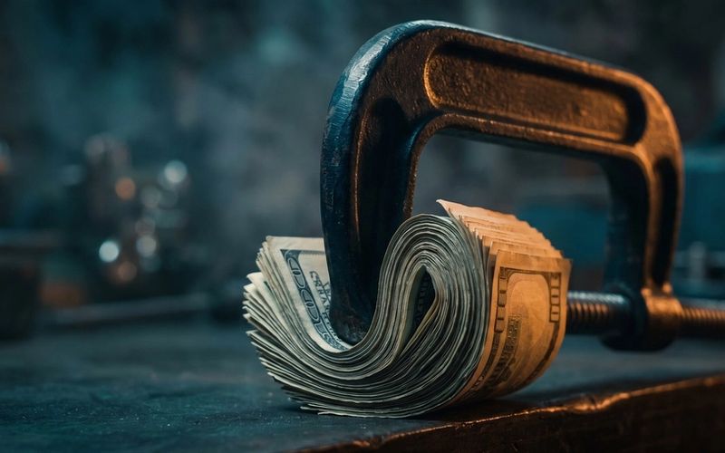 A heavy steel C-clamp crushing a tight roll of cash, lit warm amber against a deep teal workshop background