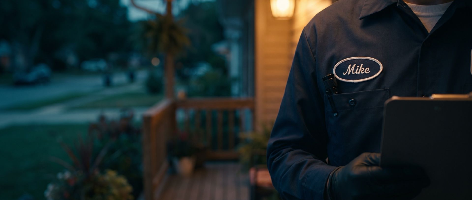 A pest control technician at a front door at dusk, a navy work shirt with an oval patch embroidered Mike, a flashlight in the pocket and a clipboard in a gloved hand