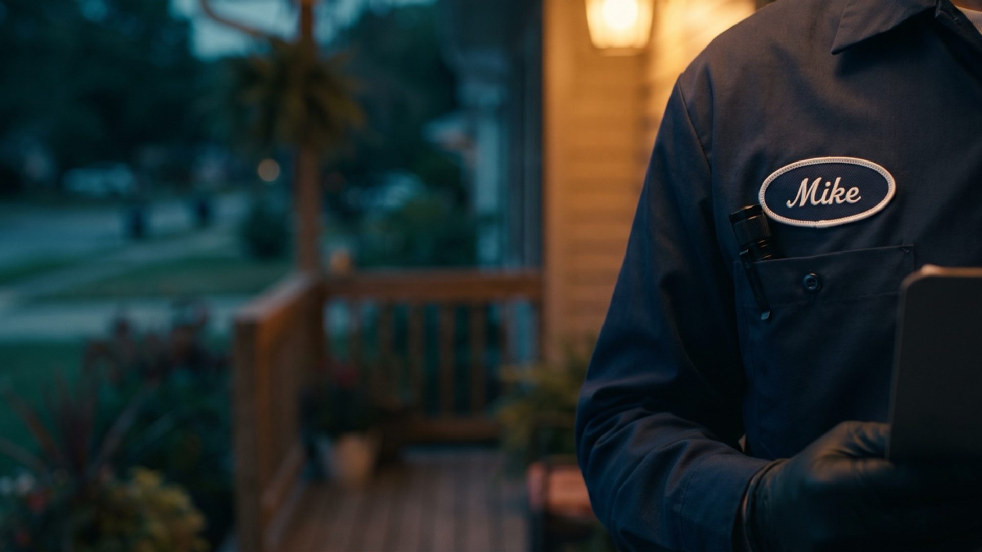 A pest control technician at a front door at dusk, a navy work shirt with an oval patch embroidered Mike, a flashlight in the pocket and a clipboard in a gloved hand