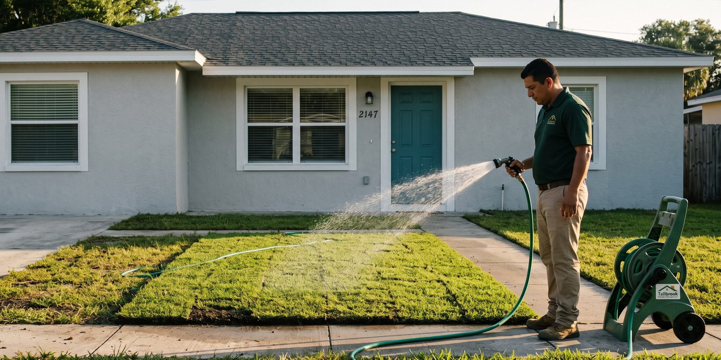 A property manager in a green Tallbrook Property Management polo hand-waters a strip of newly laid sod in front of a gray single-story rental house, a green hose reel cart beside him