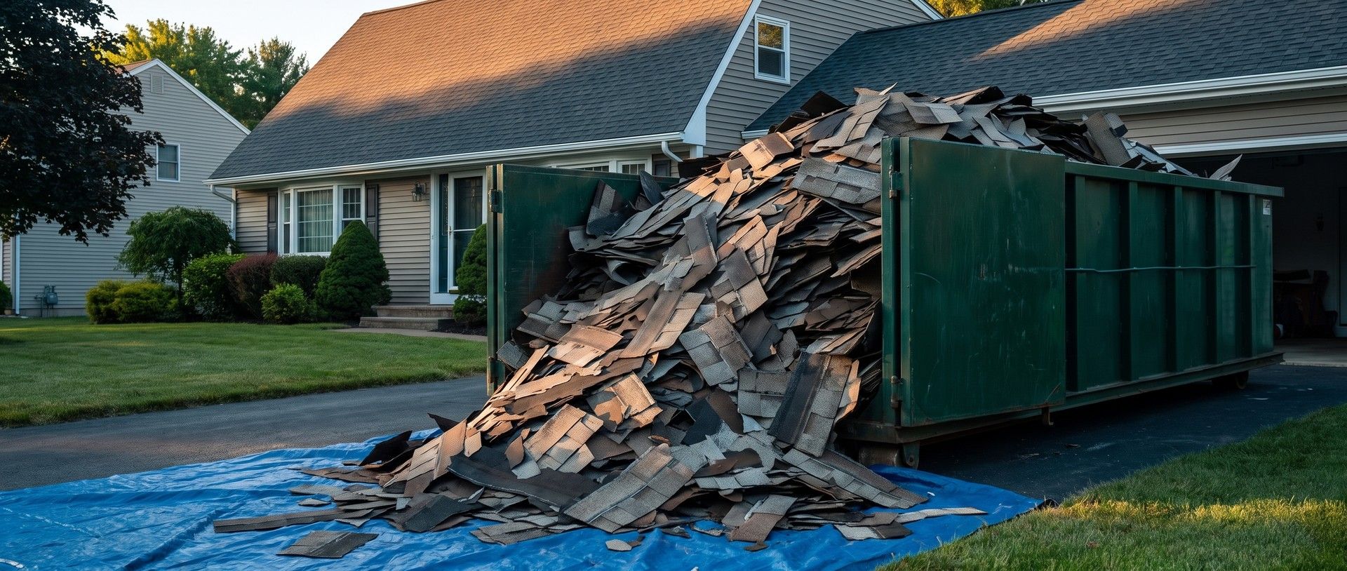A green roll-off dumpster in a suburban driveway heaped far above its rim with torn-off old shingles spilling onto a blue tarp, the house's charcoal roof catching morning sun behind it