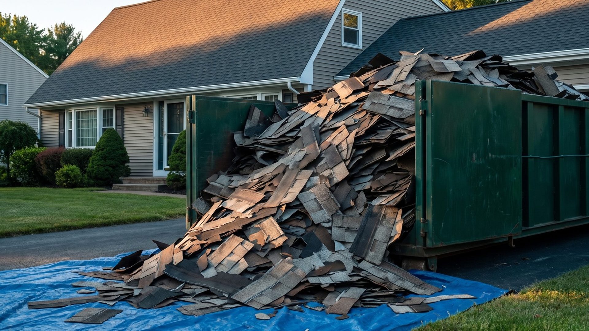 A green roll-off dumpster in a suburban driveway heaped far above its rim with torn-off old shingles spilling onto a blue tarp, the house's charcoal roof catching morning sun behind it