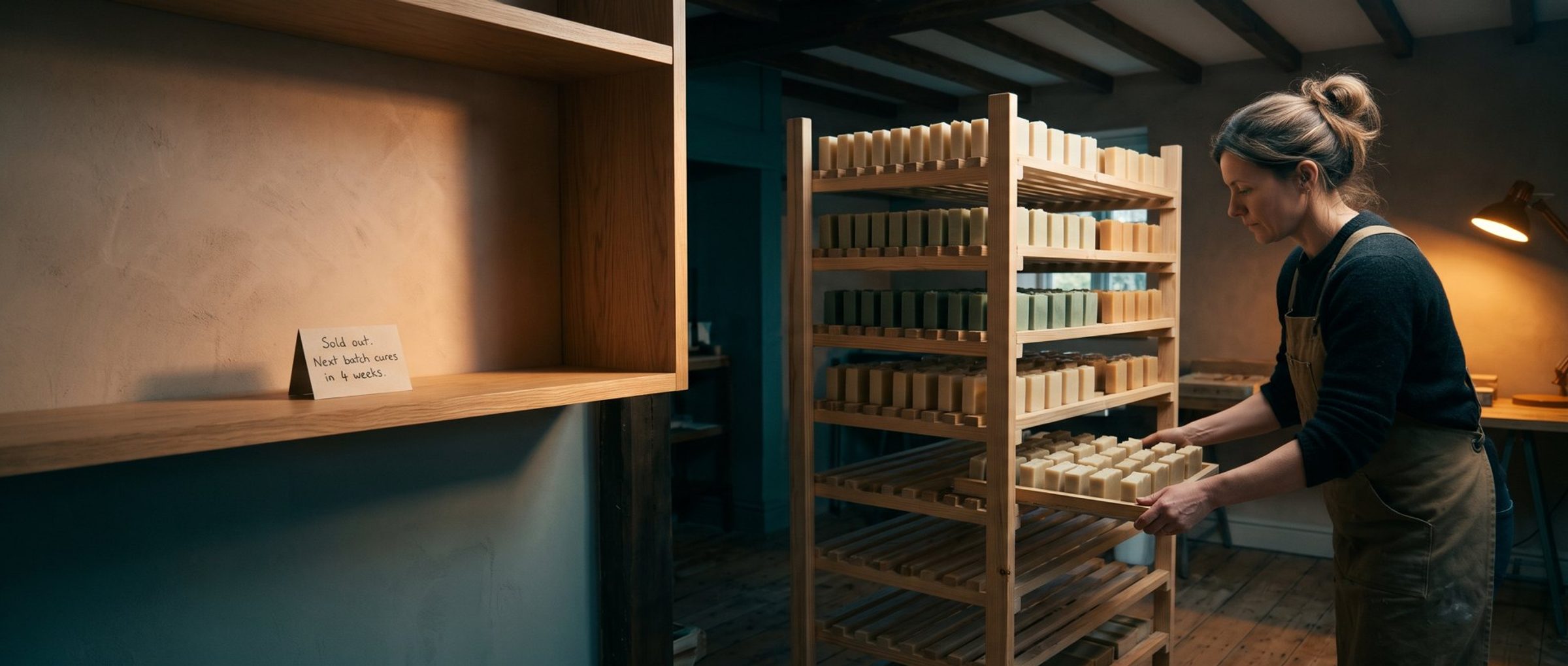 A soap maker slides a tray of fresh bars onto a wooden curing rack full of drying soap, beside an empty shop shelf holding a small handwritten card that reads Sold out. Next batch cures in 4 weeks.