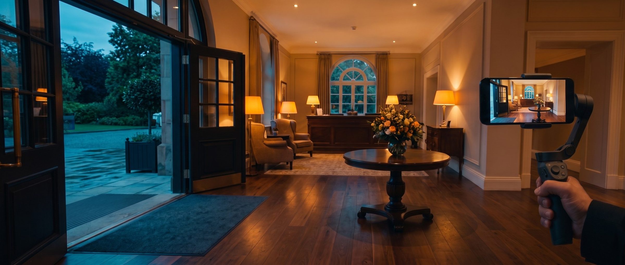 A hand holding a smartphone on a stabilizer just inside a senior living community's open front door, the phone's screen filming the warmly lit lobby ahead