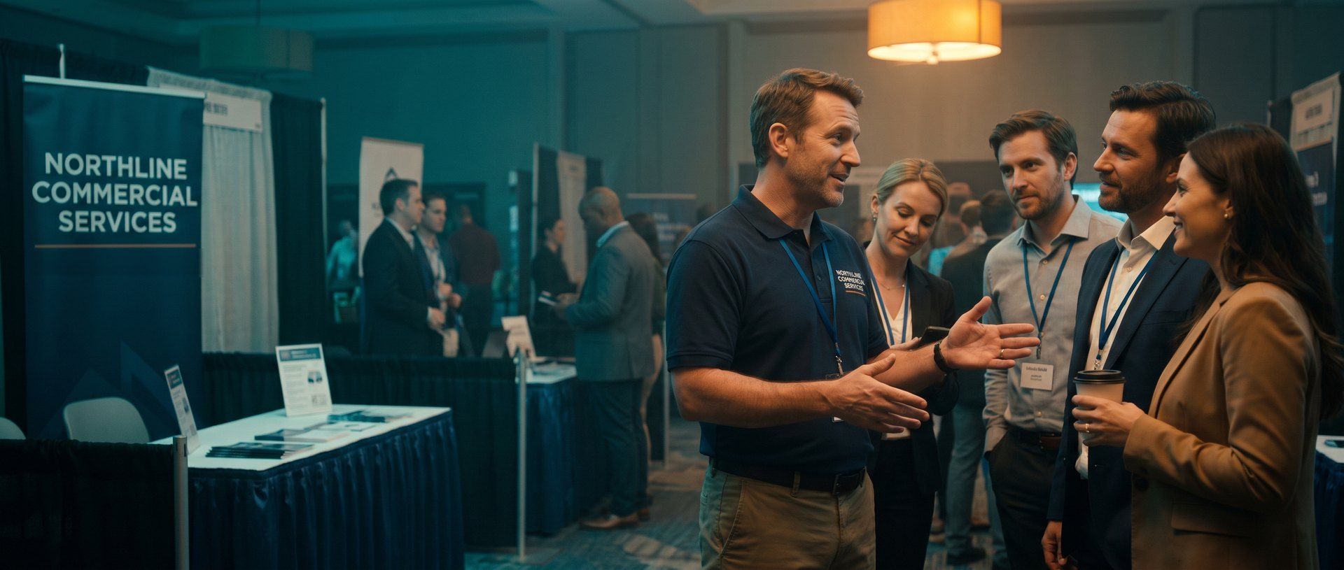 At an evening trade show, a man in a navy company polo explains something to four attentive buyers with lanyards who lean in to listen, while his company's own banner booth stands unvisited off to the left.