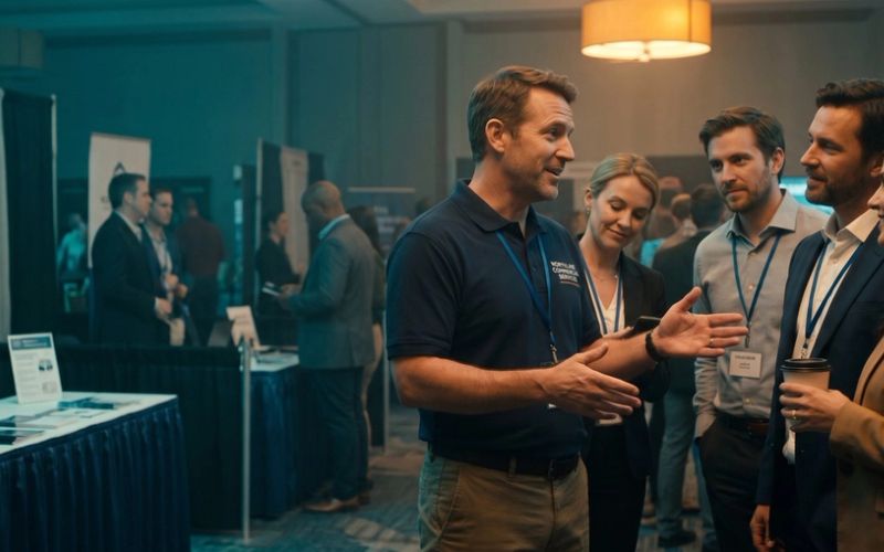 At an evening trade show, a man in a navy company polo explains something to four attentive buyers with lanyards who lean in to listen, while his company's own banner booth stands unvisited off to the left.