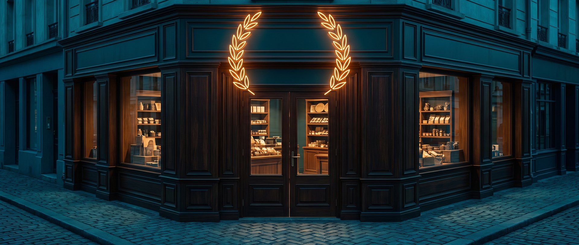 A dark-paneled corner storefront at night with lit display windows full of products and a glowing amber laurel above the door.