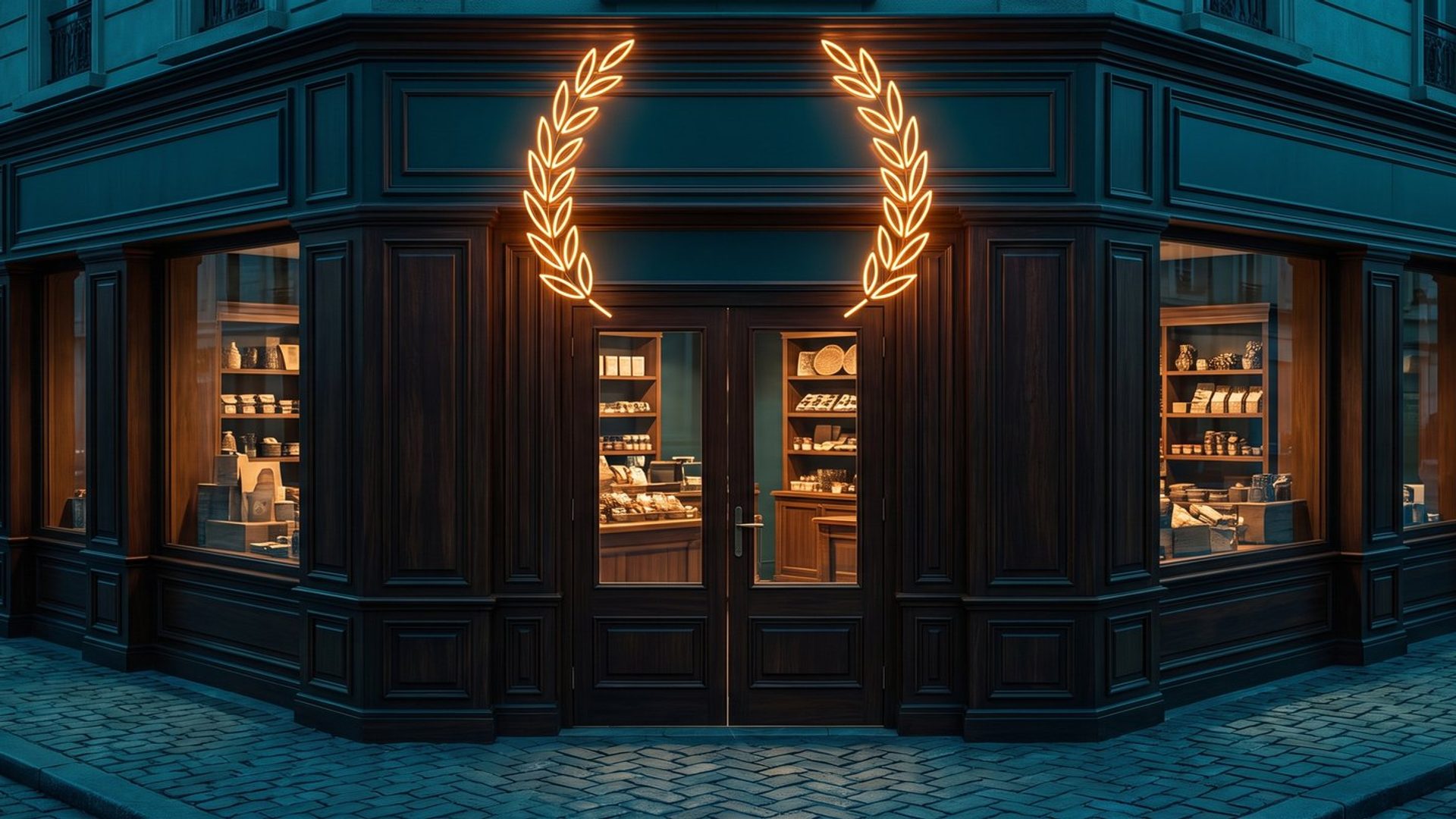 A dark-paneled corner storefront at night with lit display windows full of products and a glowing amber laurel above the door.