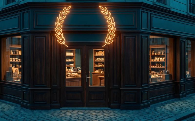 A dark-paneled corner storefront at night with lit display windows full of products and a glowing amber laurel above the door.