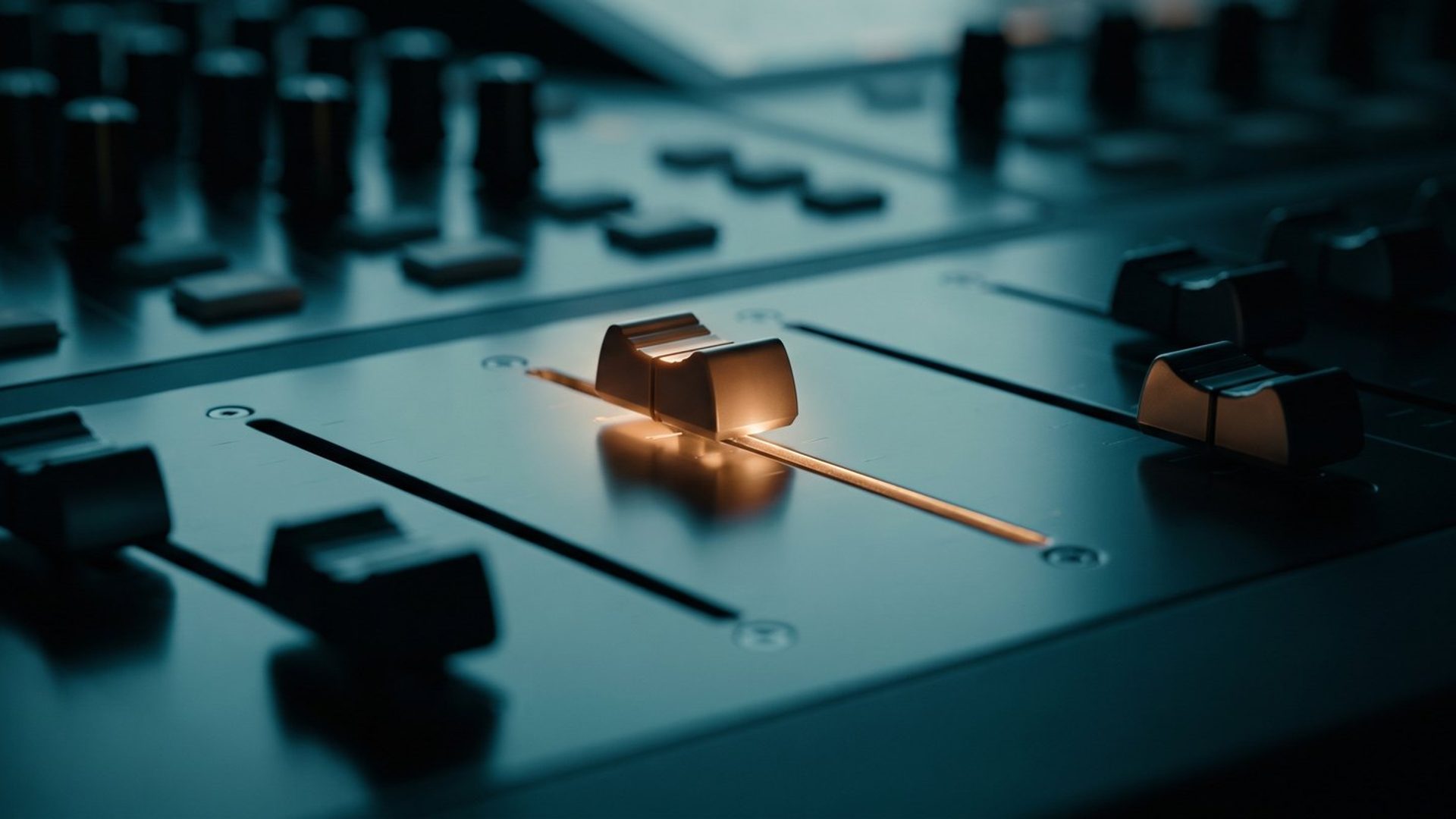 A row of mixing-desk faders left down with a single fader pushed up and lit