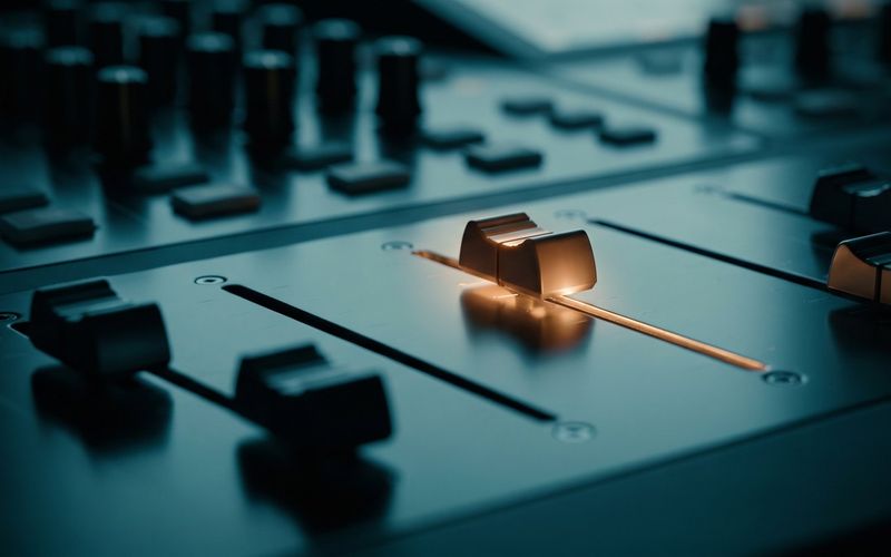 A row of mixing-desk faders left down with a single fader pushed up and lit