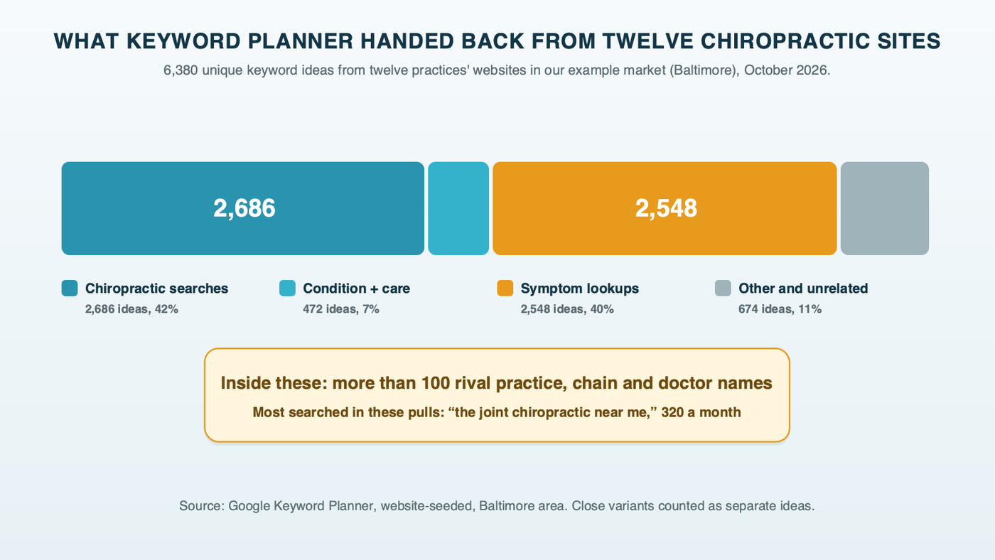 A single bar showing what Keyword Planner returned from twelve example chiropractic sites: 6,380 unique keyword ideas split into 2,686 chiropractic searches, 472 condition-care searches, 2,548 bare symptom lookups and 674 other or unrelated ideas, with a note that more than 100 of the ideas are rival practice, chain and doctor names