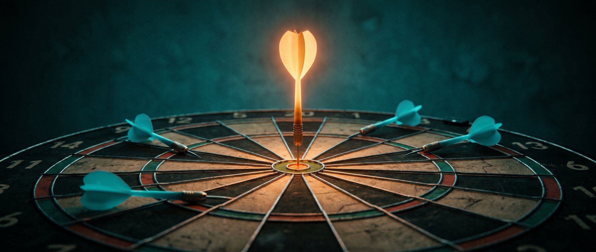 A dartboard in deep teal shadow with a single glowing amber dart struck in the bullseye while several dull blue darts sit scattered in the outer rings