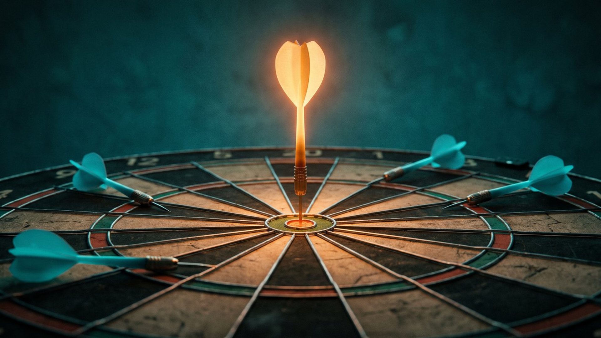 A dartboard in deep teal shadow with a single glowing amber dart struck in the bullseye while several dull blue darts sit scattered in the outer rings