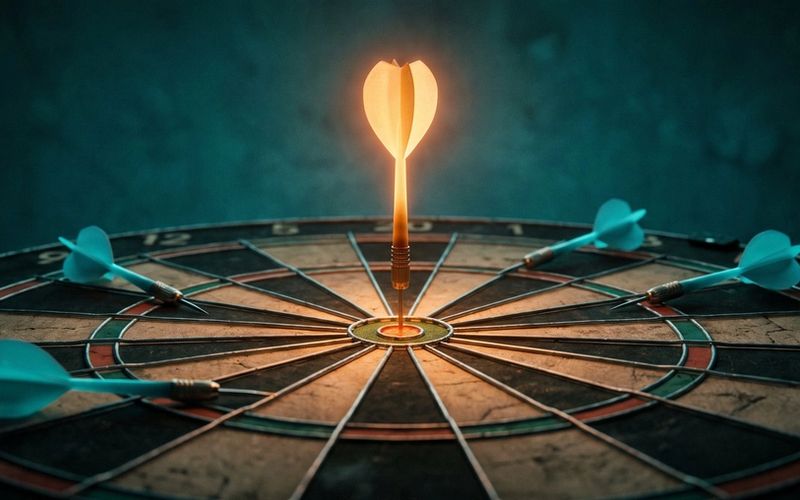 A dartboard in deep teal shadow with a single glowing amber dart struck in the bullseye while several dull blue darts sit scattered in the outer rings