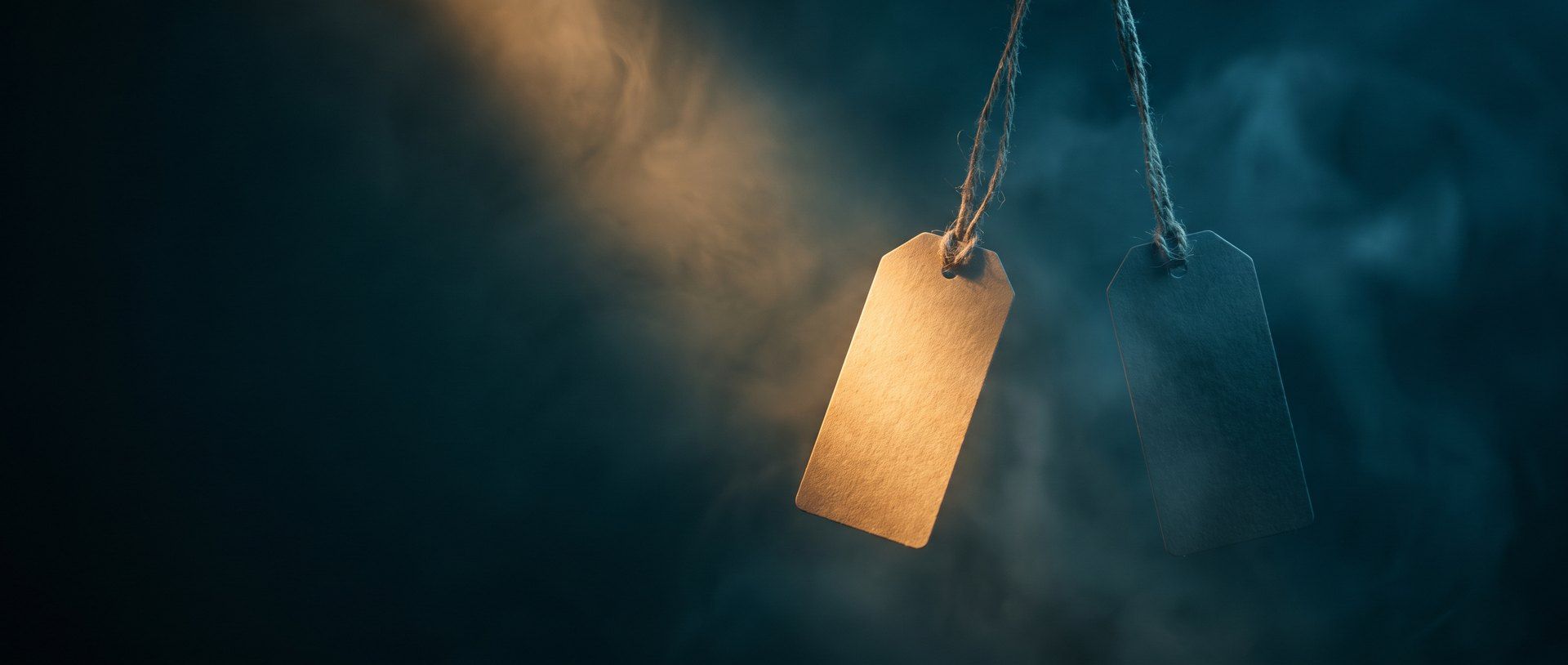 Two price tags hanging side by side in a dark space, one lit warm amber and the other in cool shadow