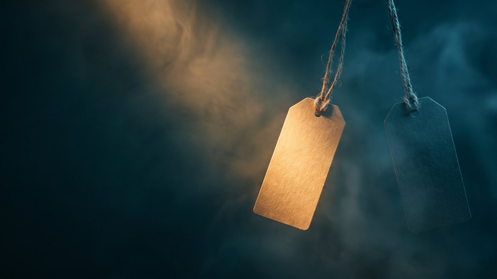 Two price tags hanging side by side in a dark space, one lit warm amber and the other in cool shadow